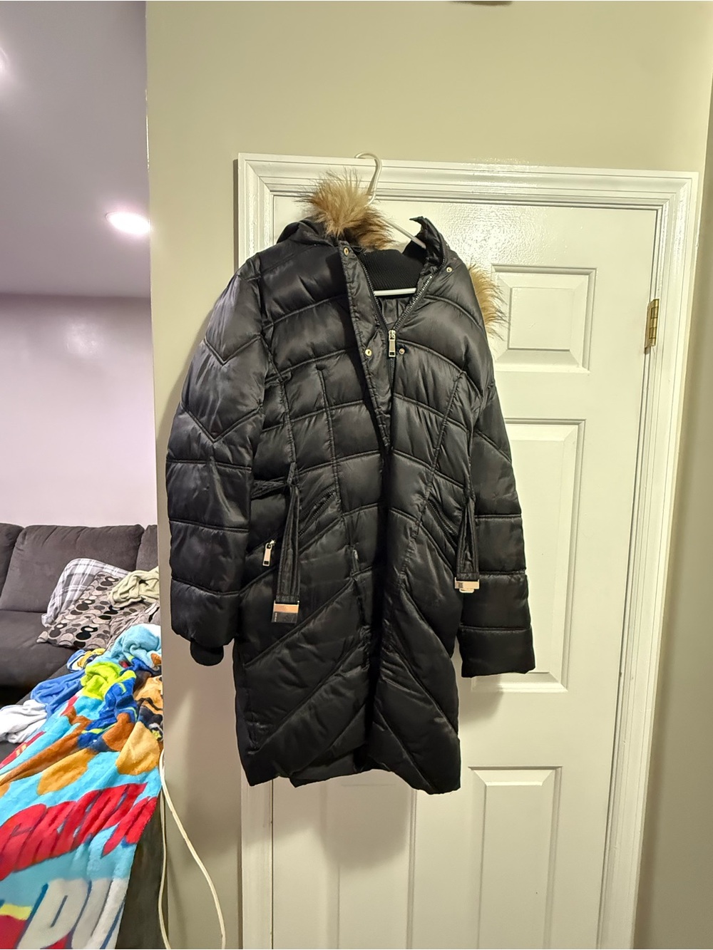 Nine West Black Puffer Coat with Faux Fur Trim